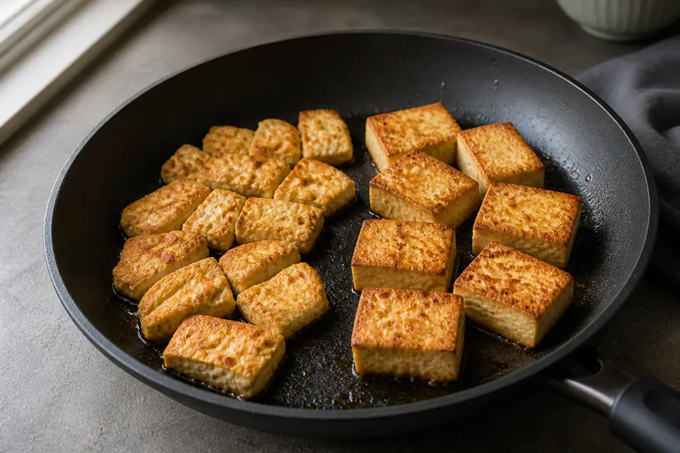 Golden crisp tofu pieces in a shallow skillet beside a cucumber bowl