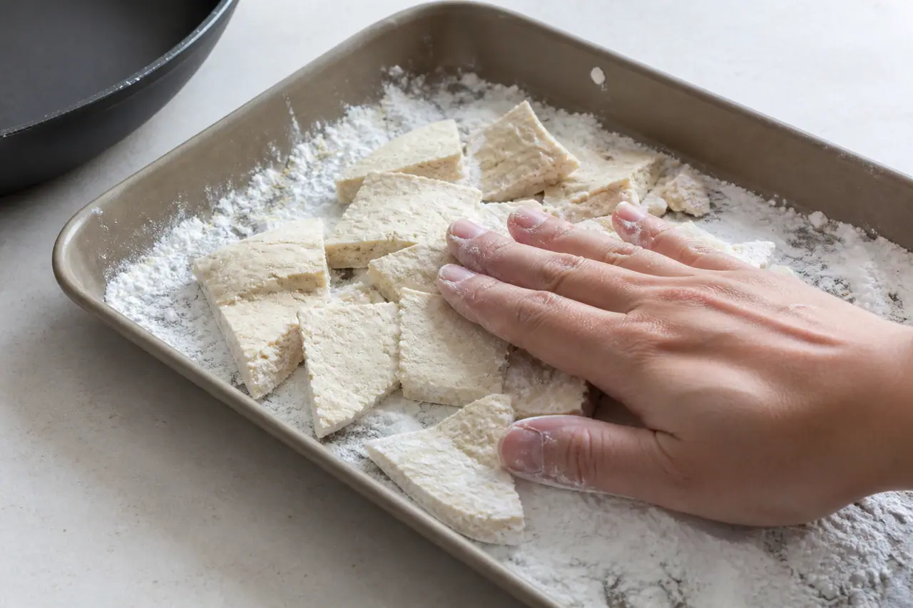 Hands turning starch-coated tofu pieces in a wide skillet