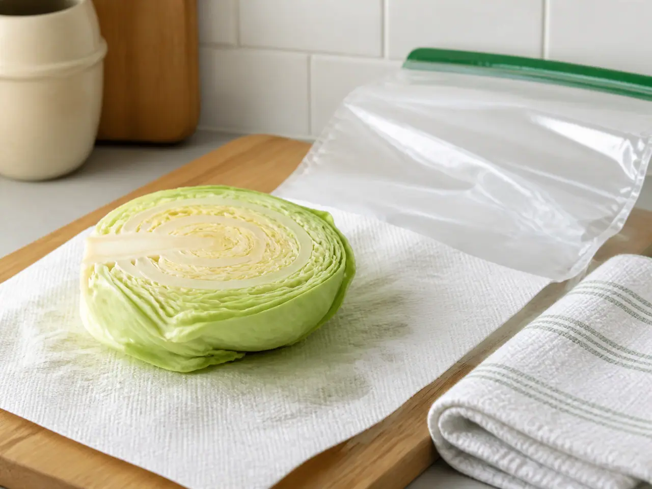 Cut cabbage drying beside a clean reusable storage container