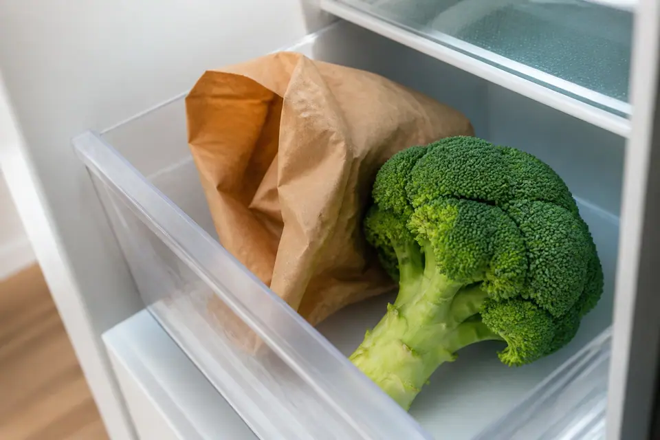 Fresh broccoli stored loosely in a refrigerator drawer beside a paper towel