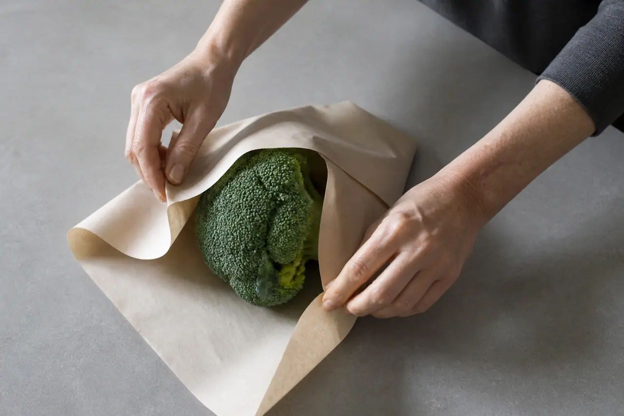 Hands wrapping an unwashed broccoli head loosely before refrigeration