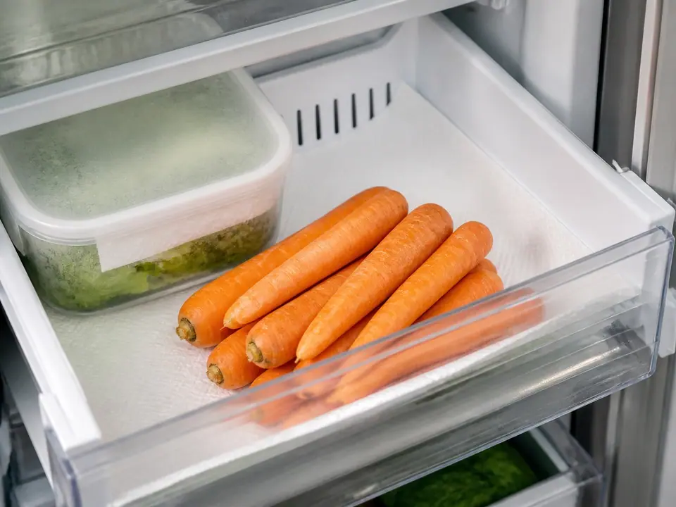 Crisp carrots stored in a lined refrigerator drawer
