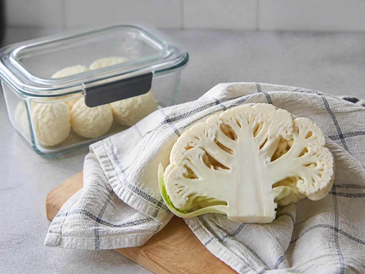 Cauliflower cut face being dried before storage in a covered container