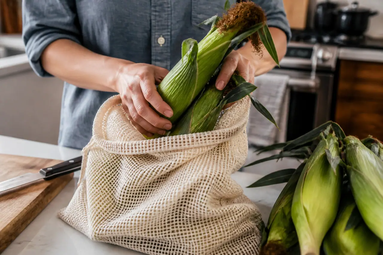 Hands wrapping fresh corn ears loosely before refrigerating them