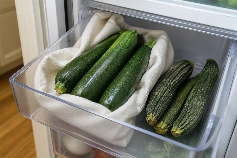 Crisp courgettes stored in a cloth-lined fridge drawer