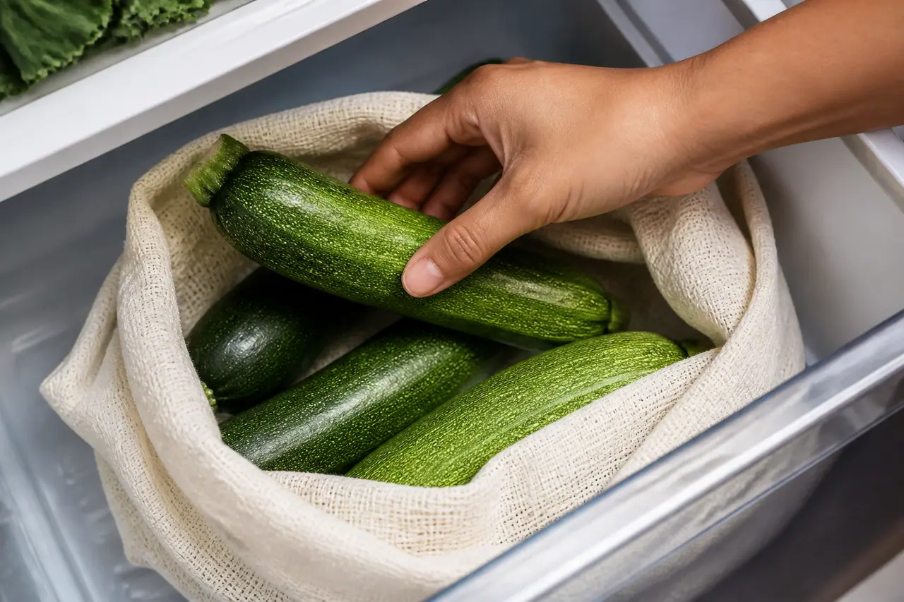 Hand placing dry courgettes into a breathable fridge cloth