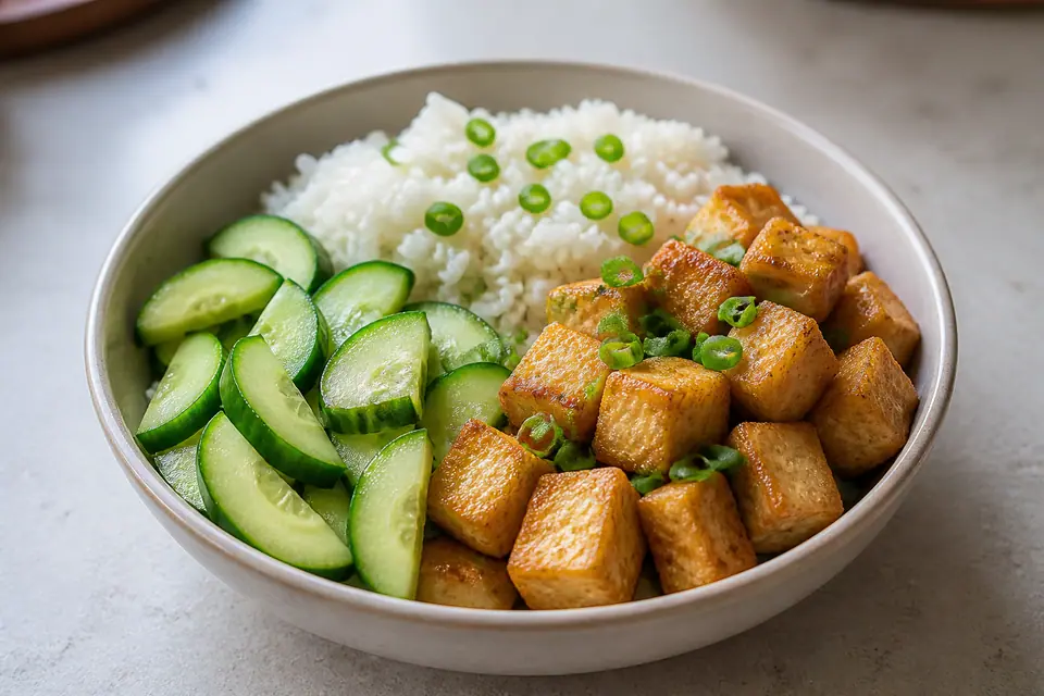 Crisp cucumber slices beside golden tofu and rice in a shallow bowl