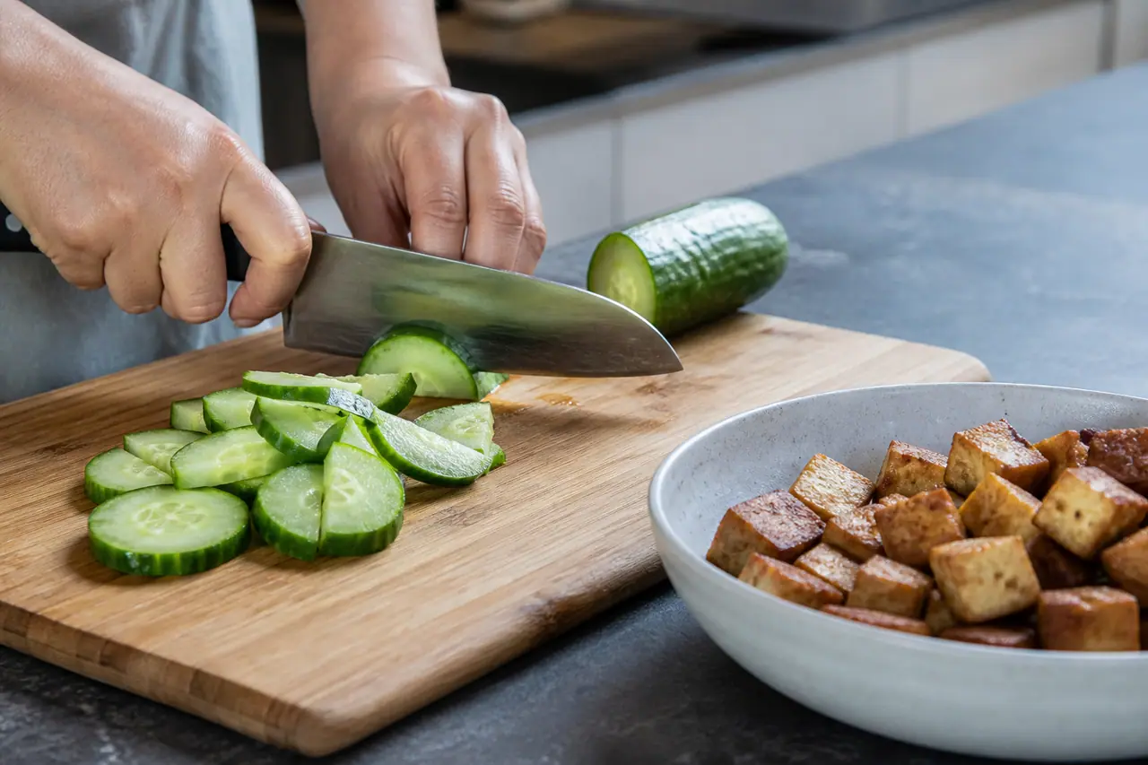 Hands slicing cucumber into thick half-moons beside a bowl of tofu