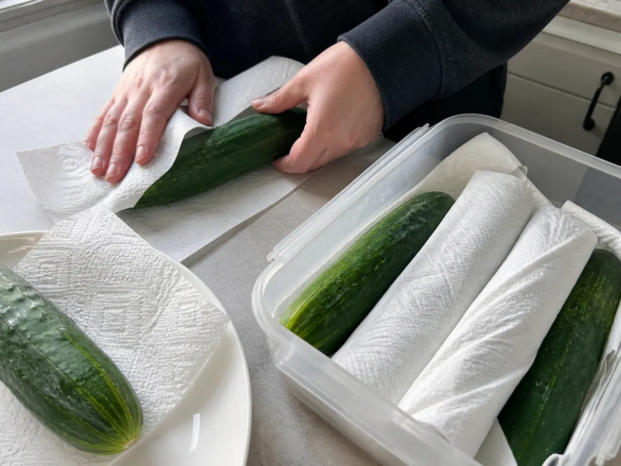 Hands wrapping cucumbers loosely before placing them in storage