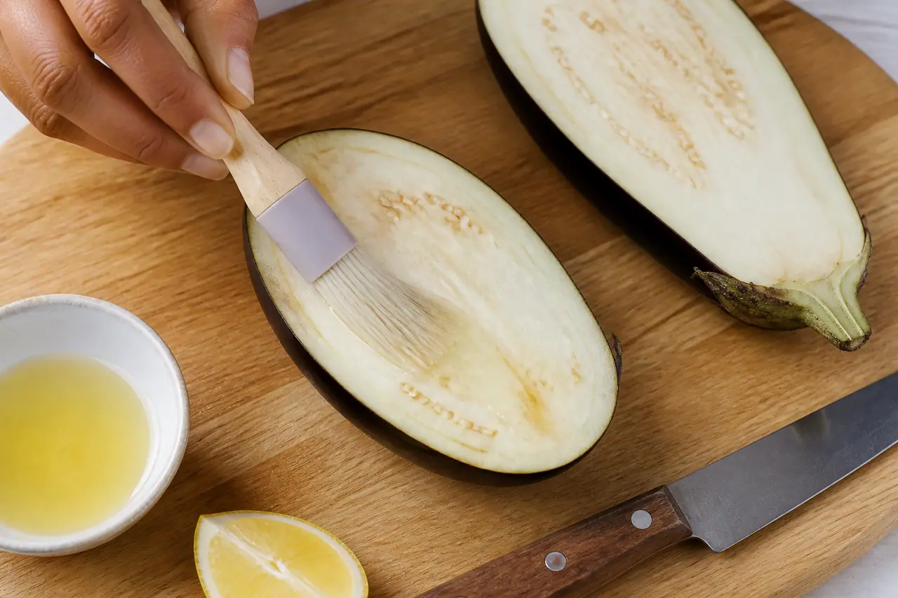 Hand brushing lemon water over a cut aubergine half