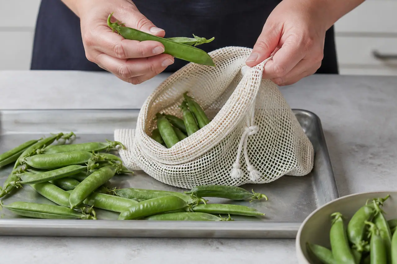 Hands placing unwashed pea pods into a ventilated produce bag