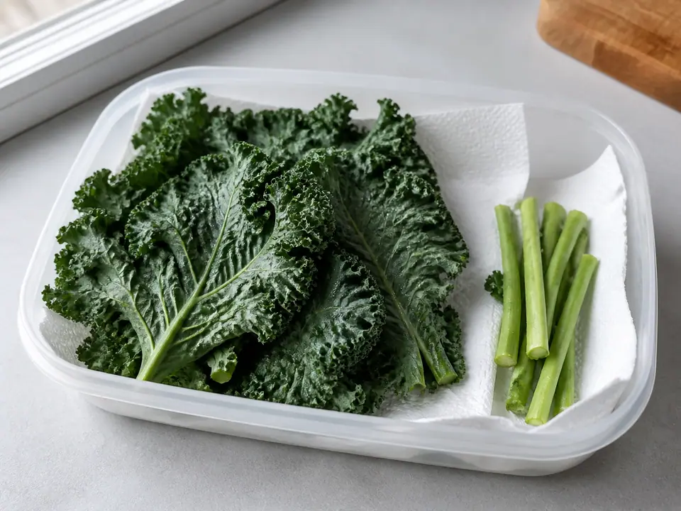 Kale leaves stored loosely in a lined refrigerator container