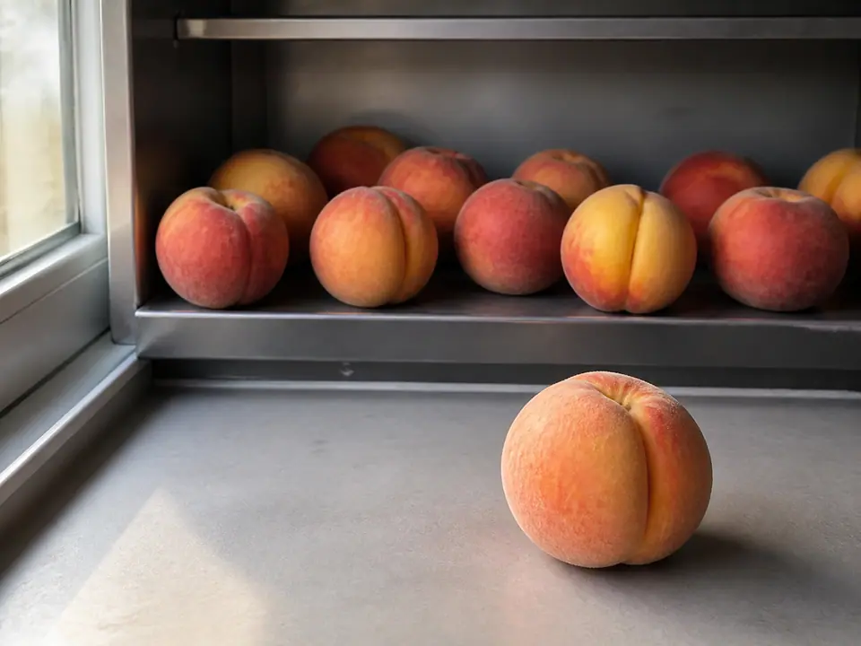 Ripe peaches spaced in one layer on a cool kitchen shelf