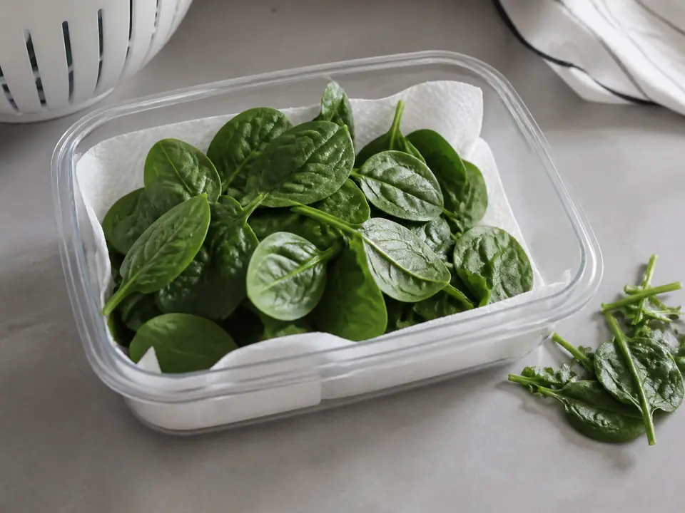 Spinach stored in a dry lined container in the refrigerator
