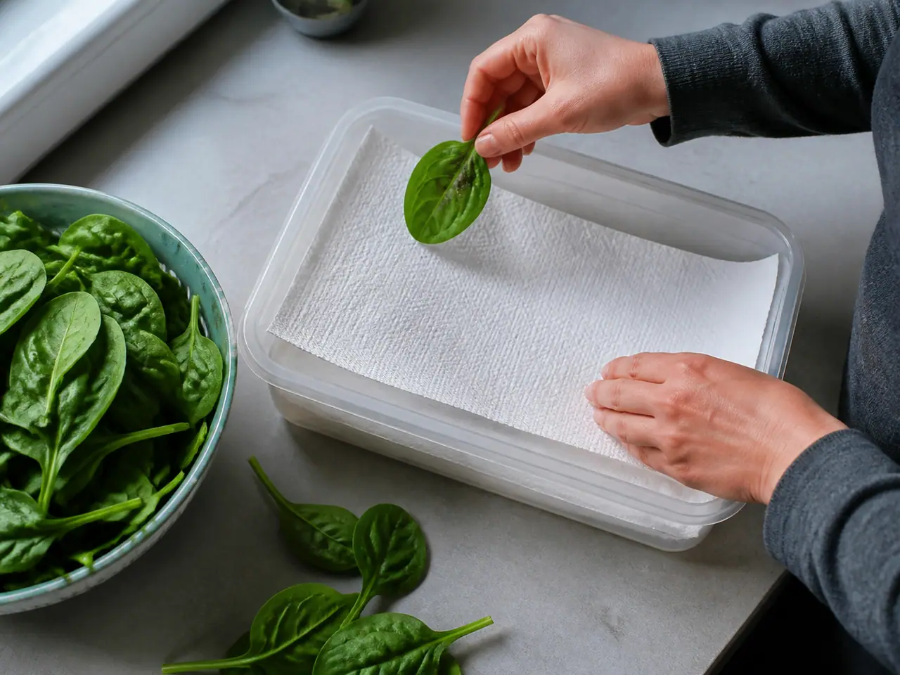 Hands removing damaged spinach leaves before refrigerator storage