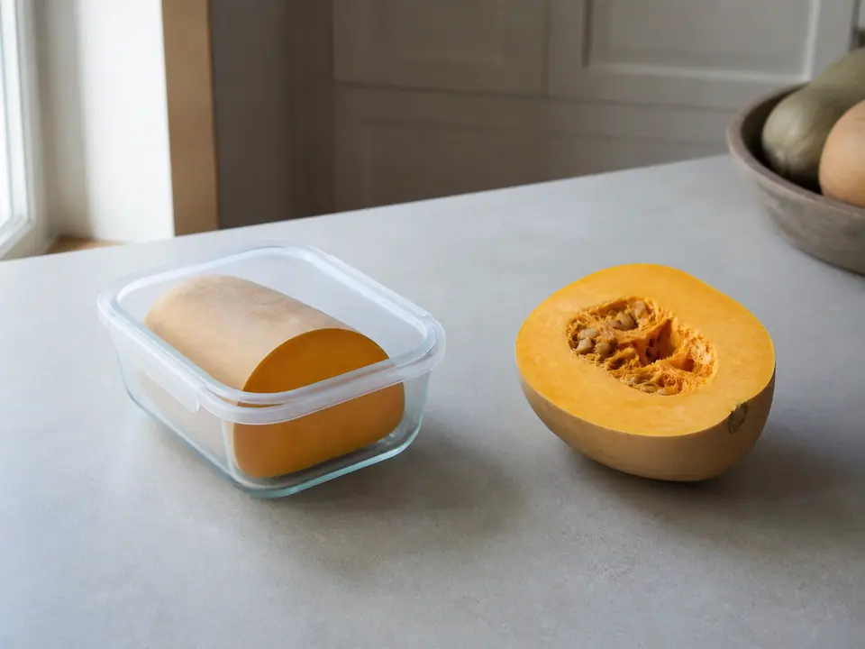 Cut butternut squash stored covered beside its dry seeds