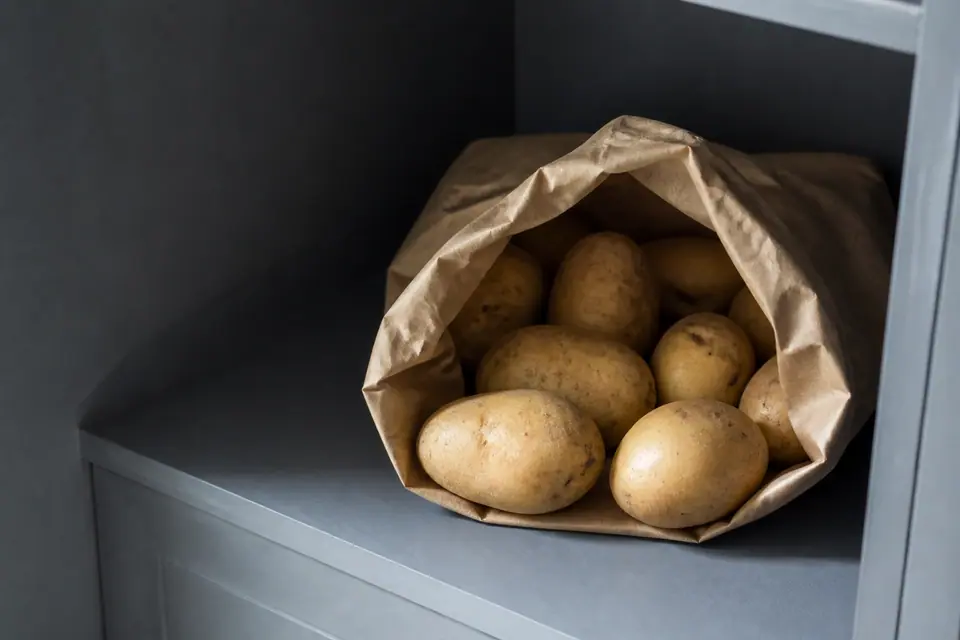 Potatoes in a ventilated paper sack in a dark cool cupboard