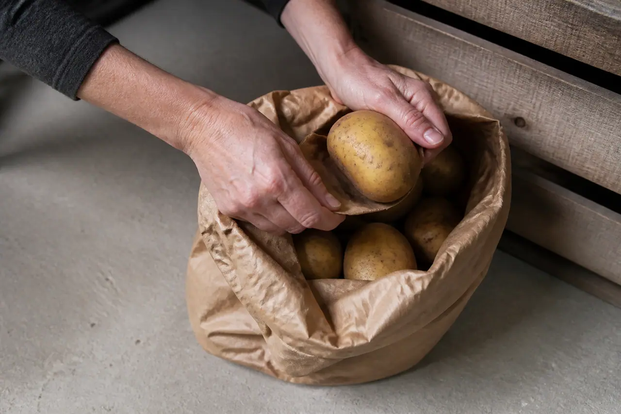 Hands checking and removing a soft potato from an open storage sack