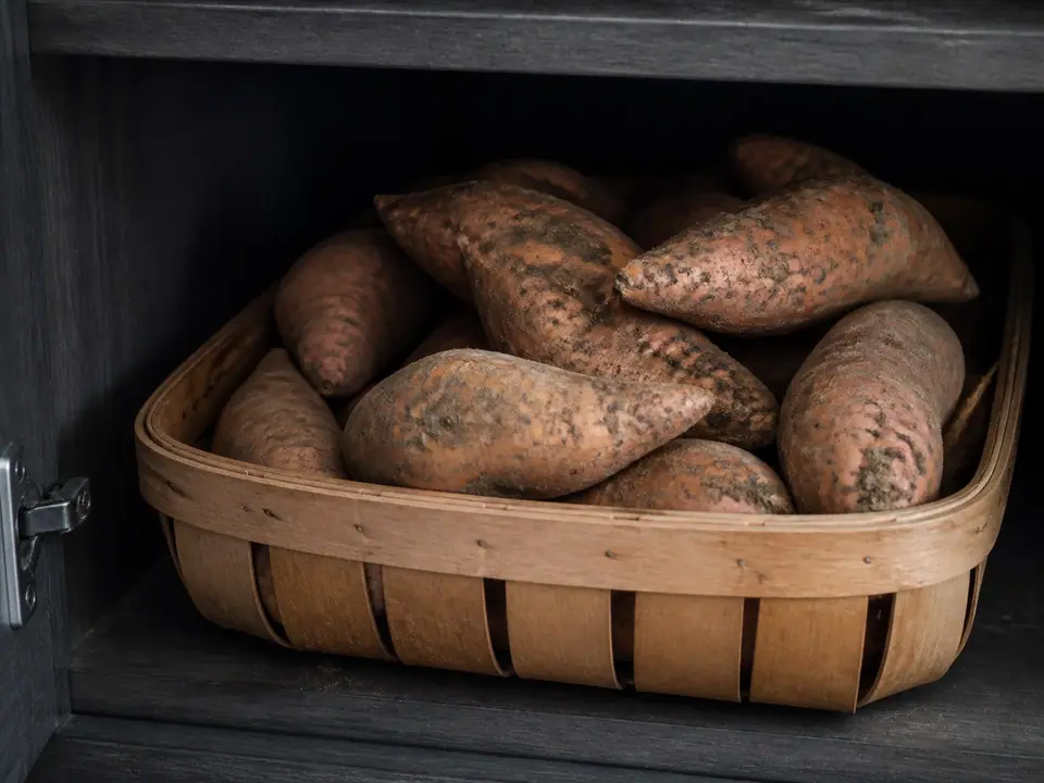 Sweet potatoes stored in a ventilated basket in a cupboard