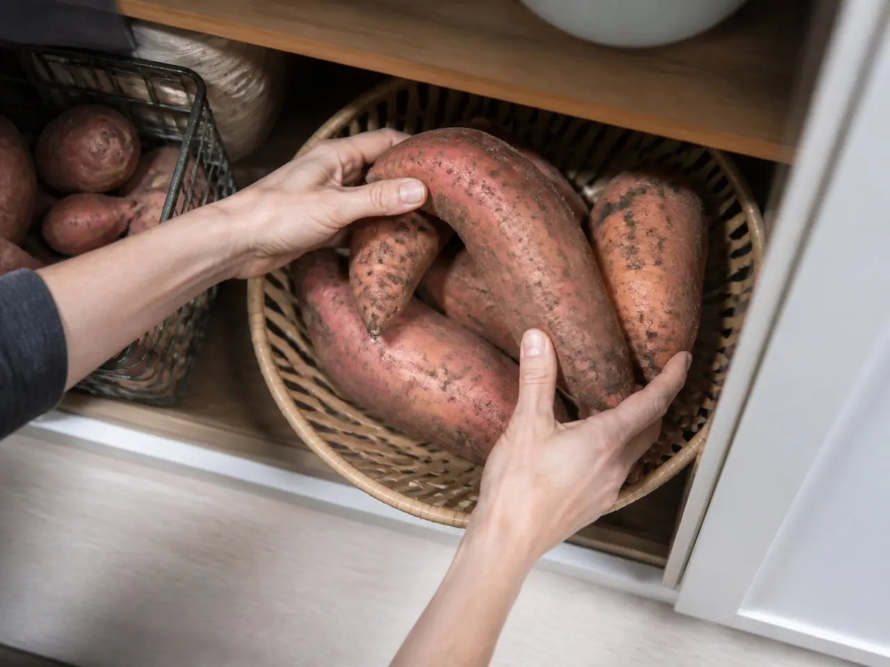 Hands placing unwashed sweet potatoes into a ventilated basket