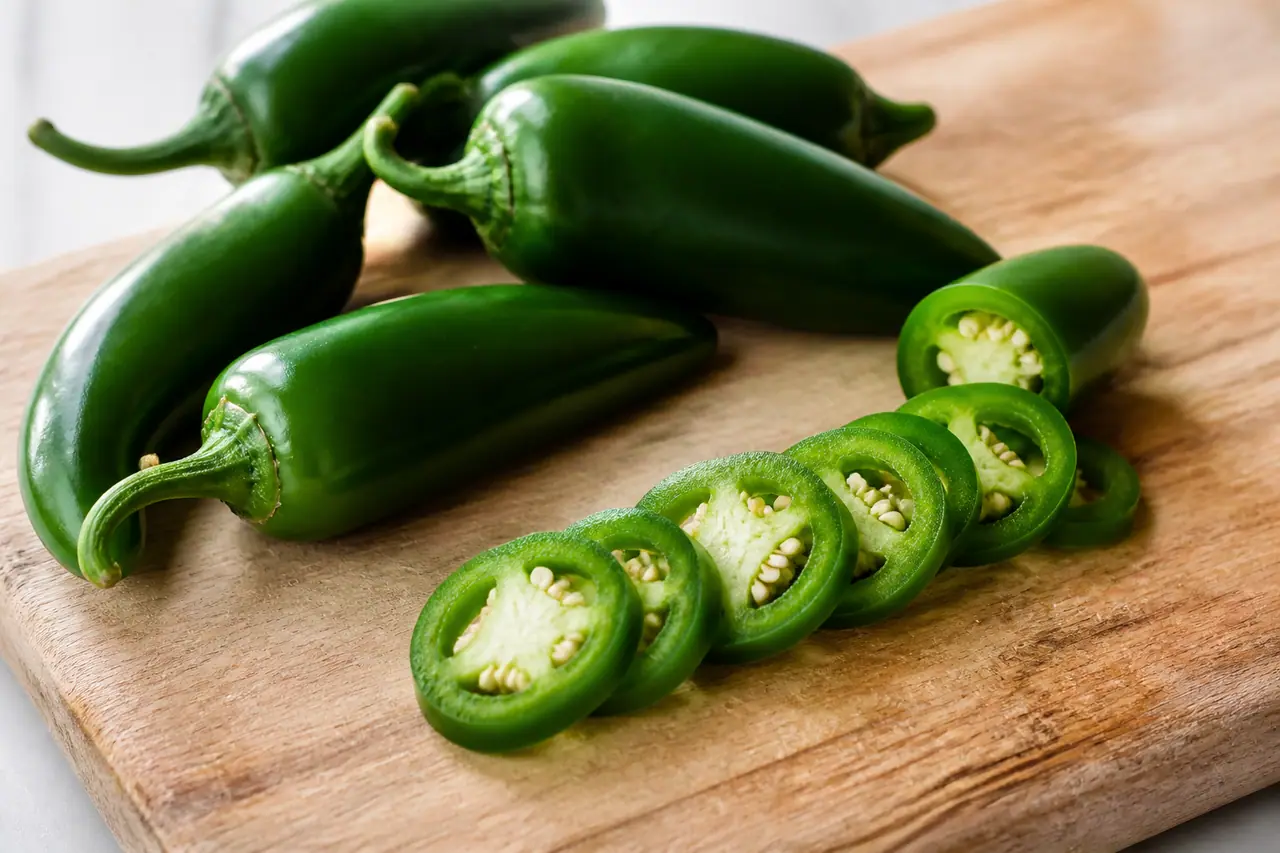 Fresh jalapeño peppers with one sliced into rings on a cutting board