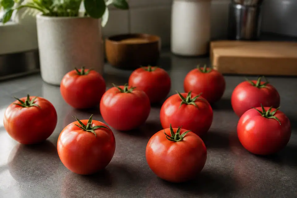 Fresh tomatoes stored on a shaded kitchen counter