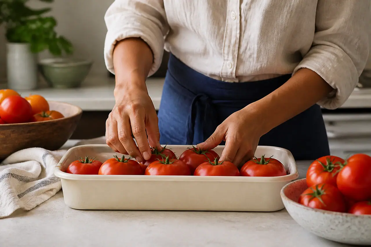 Hands arranging tomatoes stem-side up in a shallow storage tray