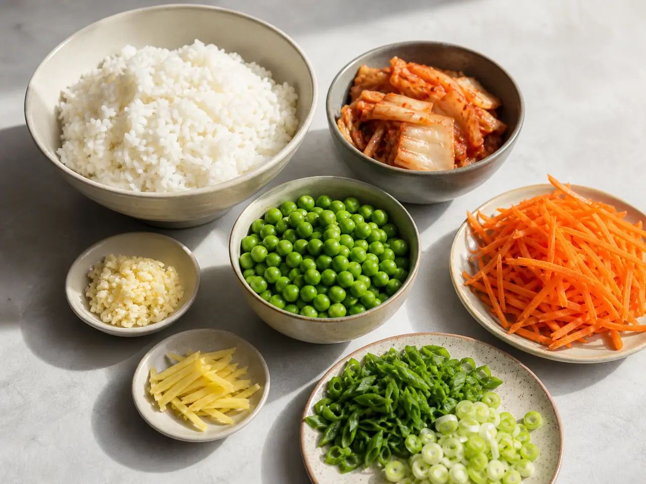 Kimchi rice peas carrots ginger and spring onions ready for cooking