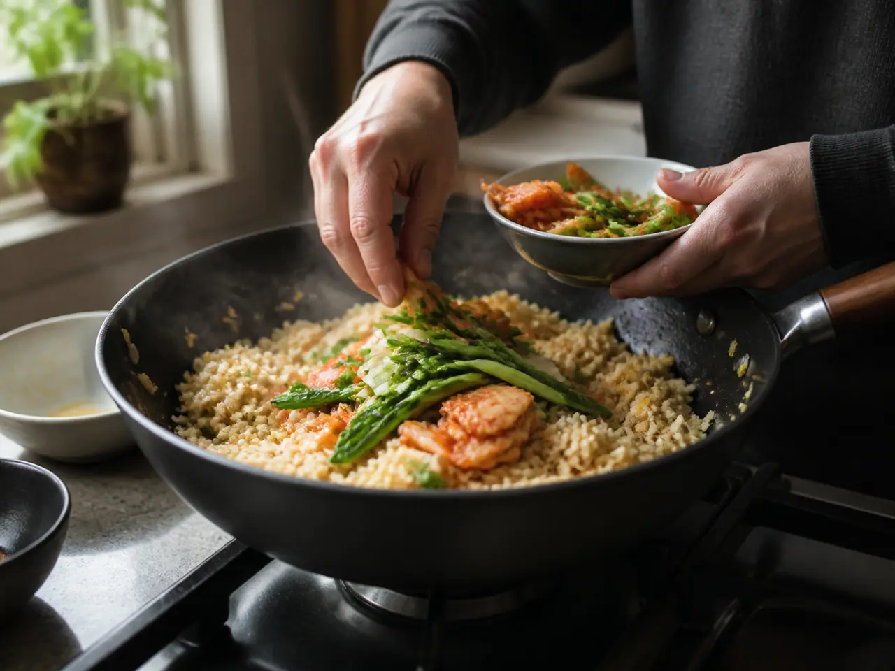 Hands stirring kimchi peas and vegetables in a hot frying pan