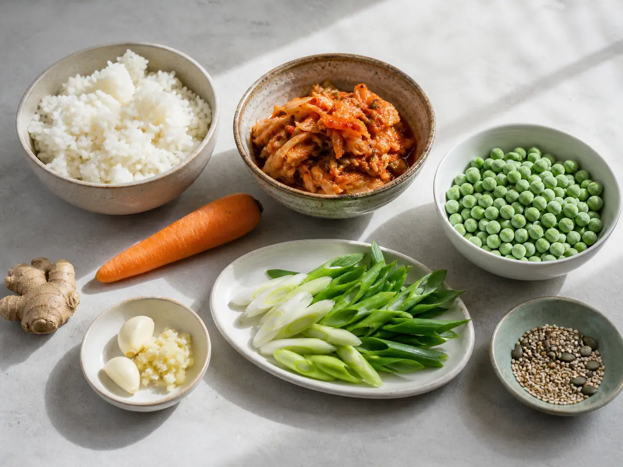 Kimchi rice peas carrots ginger and spring onions ready for cooking
