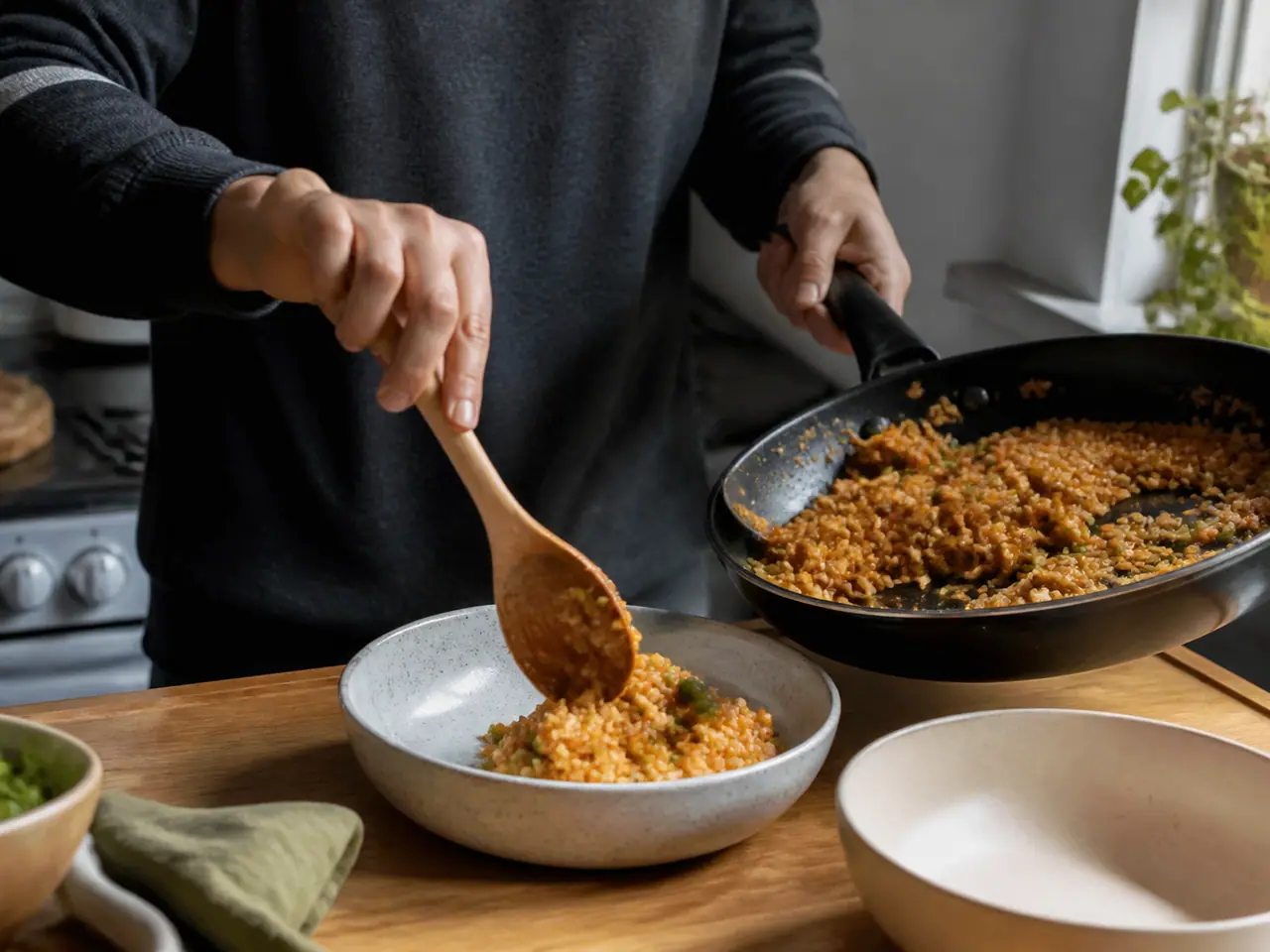 Hands stirring kimchi peas and vegetables in a hot frying pan