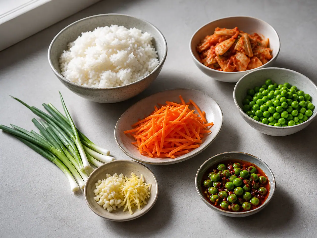 Kimchi rice peas carrots ginger and spring onions ready for cooking