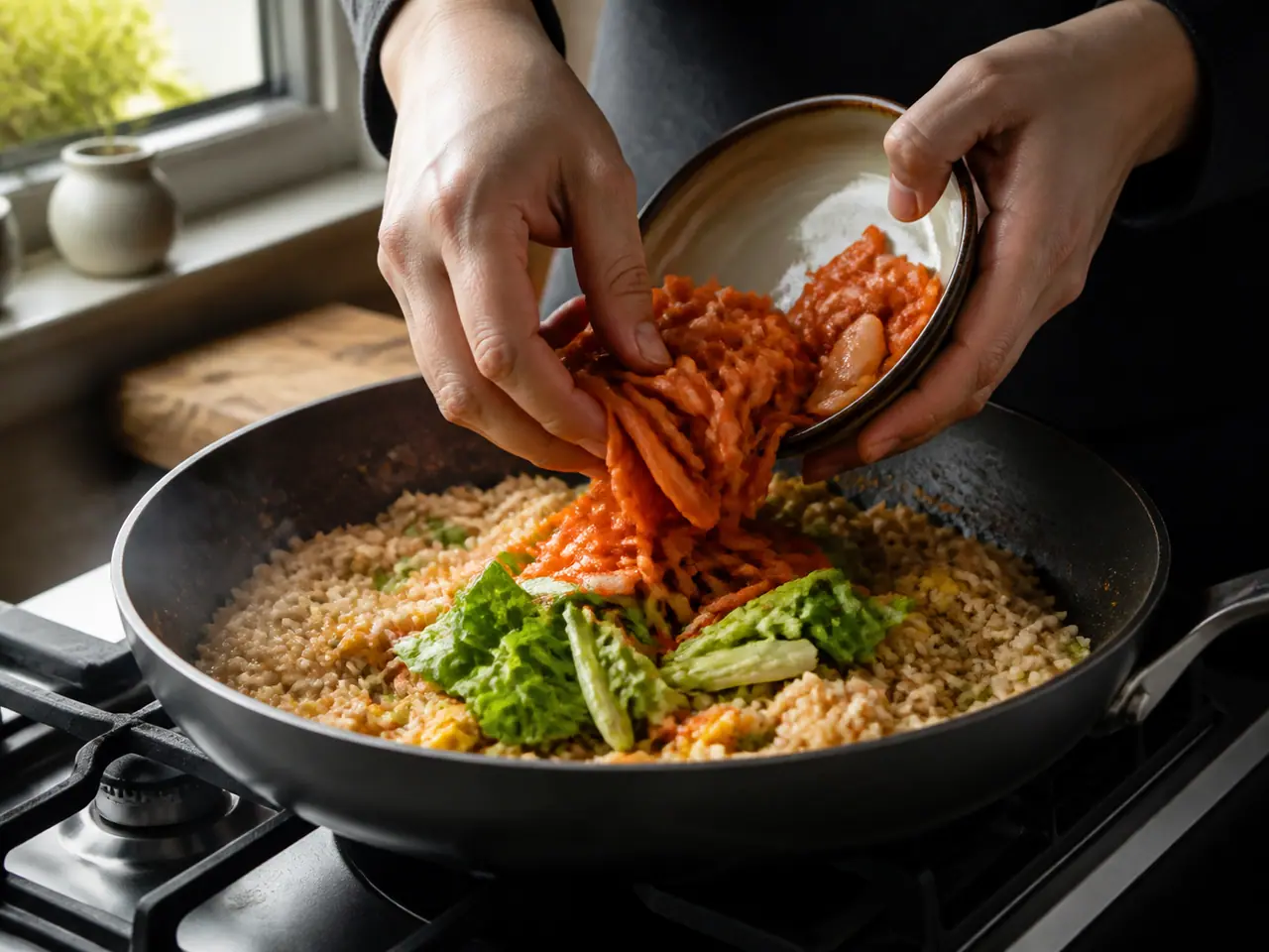 Hands stirring kimchi peas and vegetables in a hot frying pan