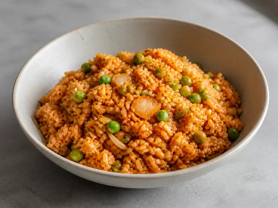 Kimchi fried rice with peas and crispy butter beans