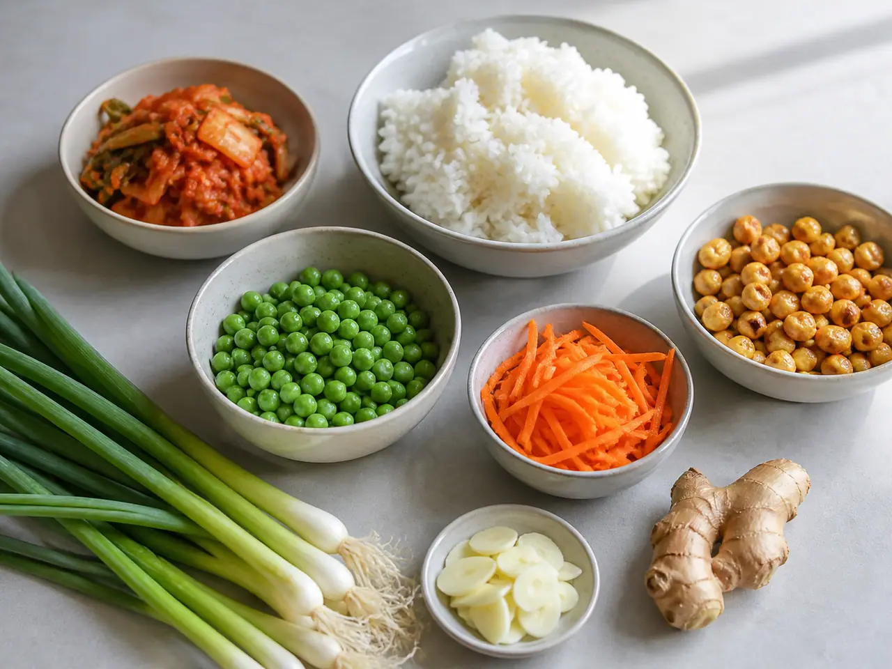 Kimchi rice peas carrots ginger and spring onions ready for cooking