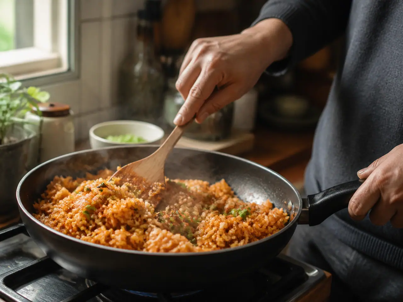 Hands stirring kimchi peas and vegetables in a hot frying pan