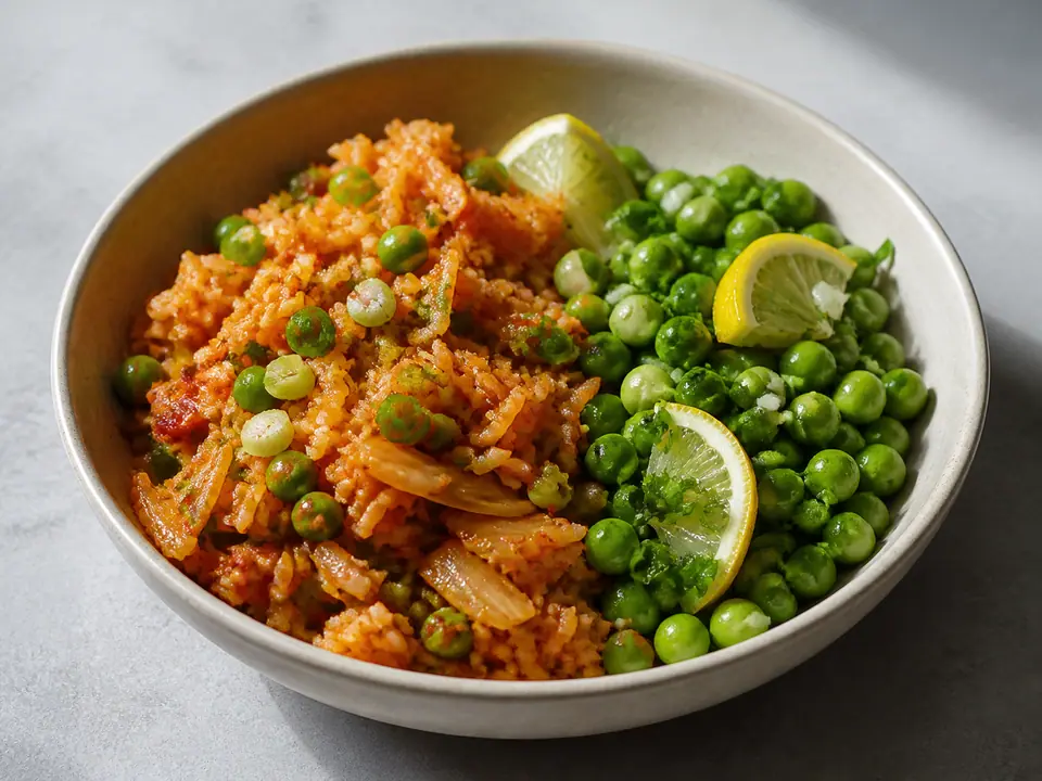 Kimchi fried rice with peas and lemon and herbs
