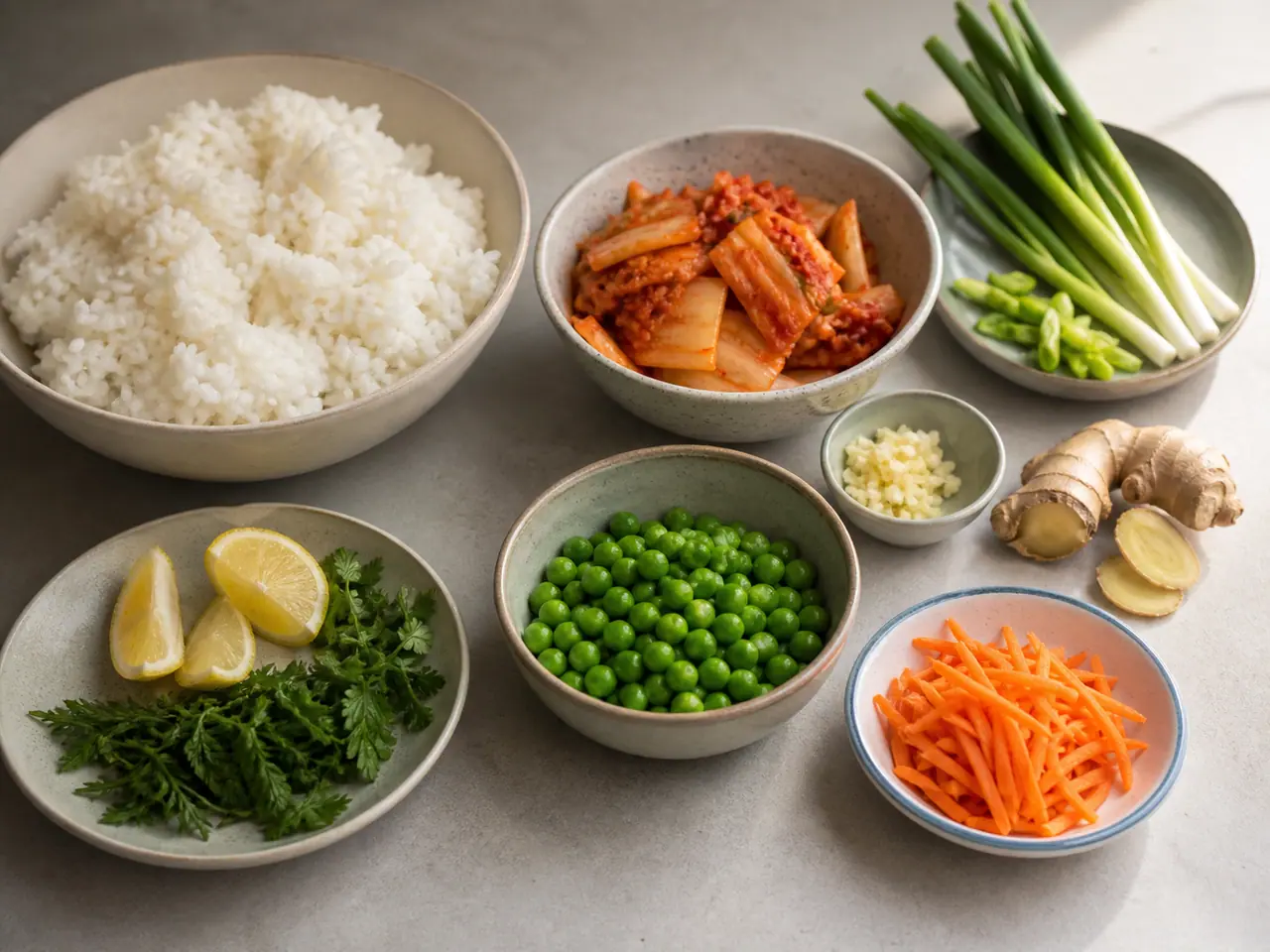 Kimchi rice peas carrots ginger and spring onions ready for cooking