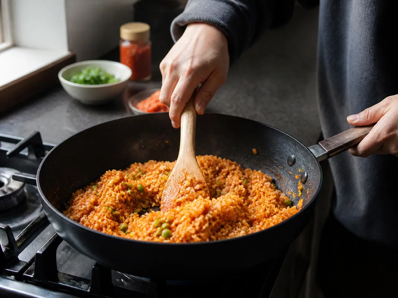 Hands stirring kimchi peas and vegetables in a hot frying pan