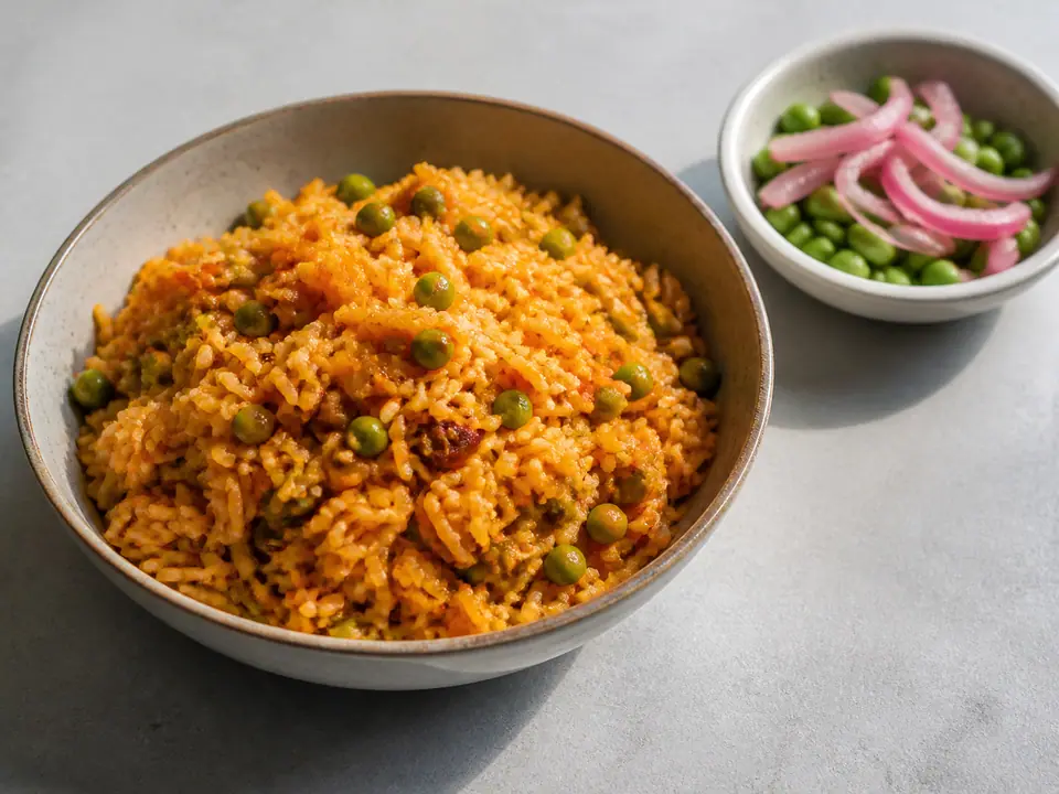 Kimchi fried rice with peas and quick pickled red onions