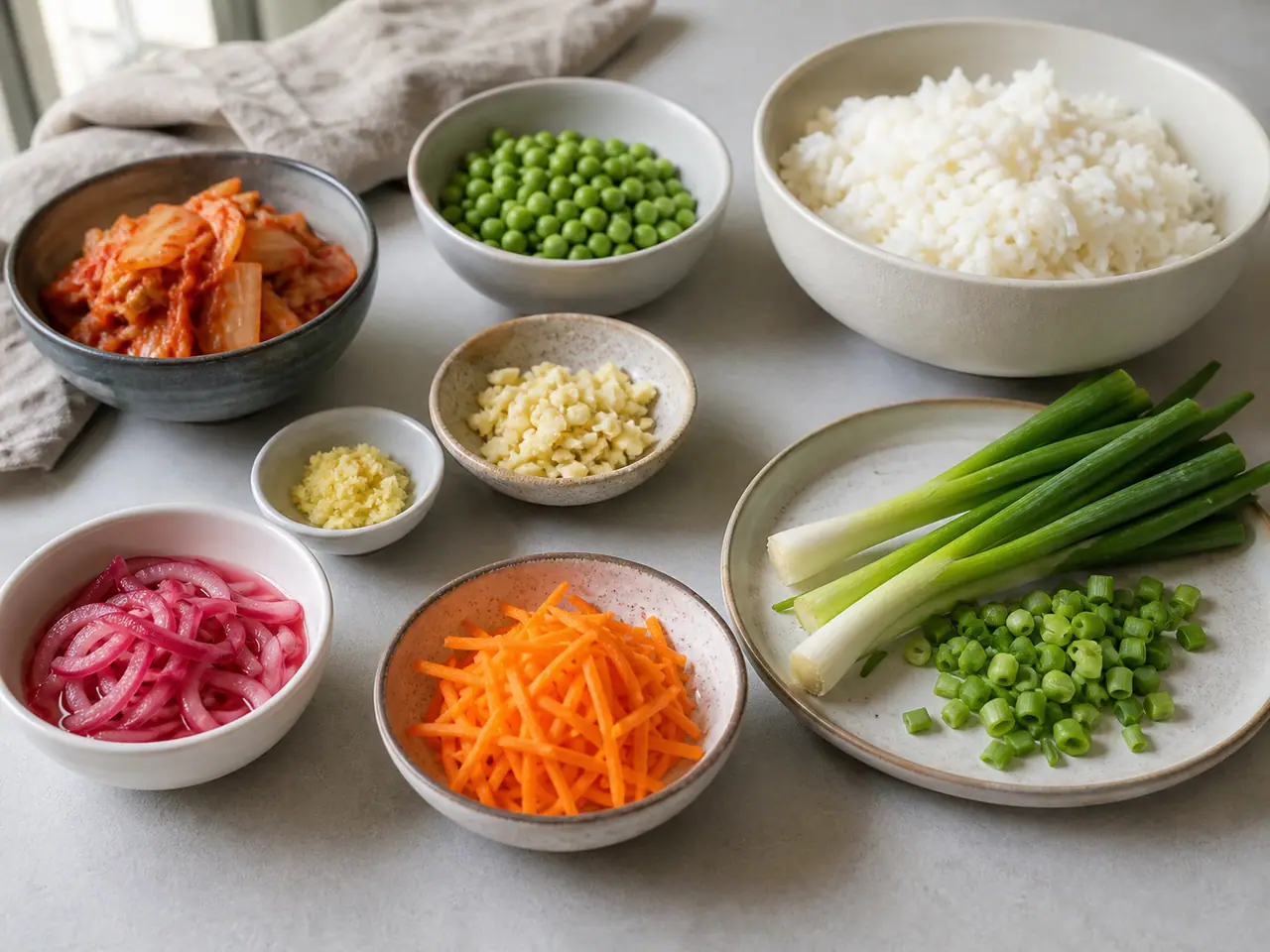 Kimchi rice peas carrots ginger and spring onions ready for cooking