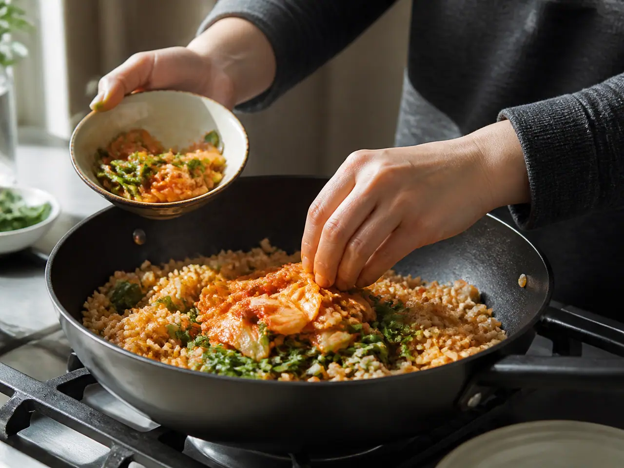 Hands stirring kimchi peas and vegetables in a hot frying pan