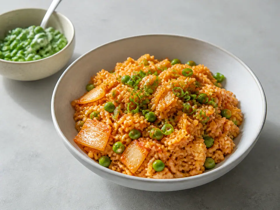 Kimchi fried rice with peas and lemon tahini