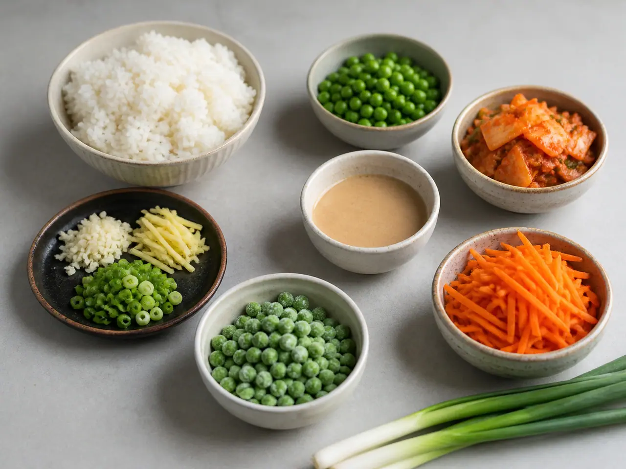 Kimchi rice peas carrots ginger and spring onions ready for cooking