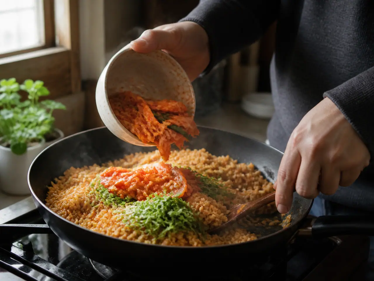 Hands stirring kimchi peas and vegetables in a hot frying pan