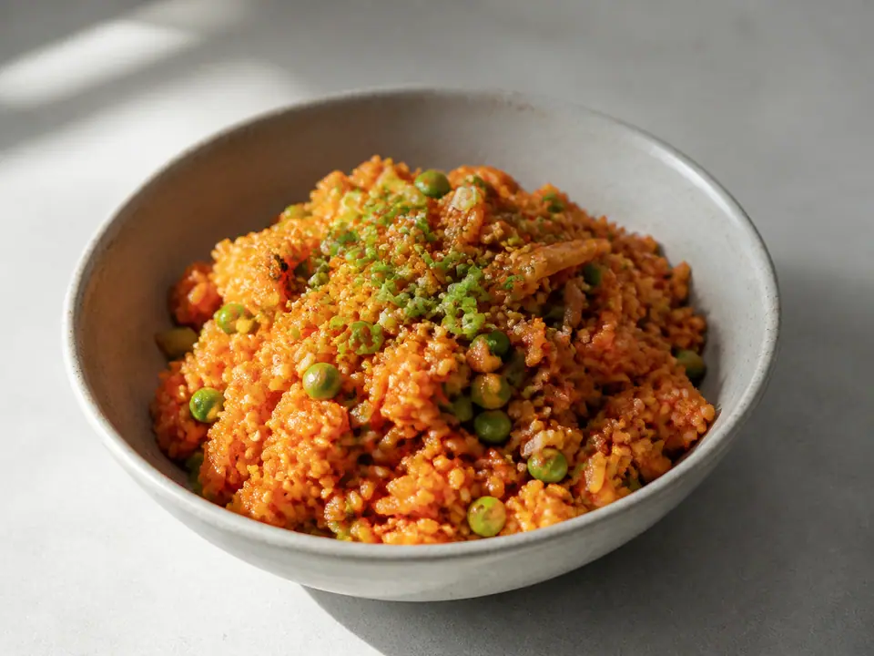 Kimchi fried rice with peas and toasted sesame and pumpkin seeds