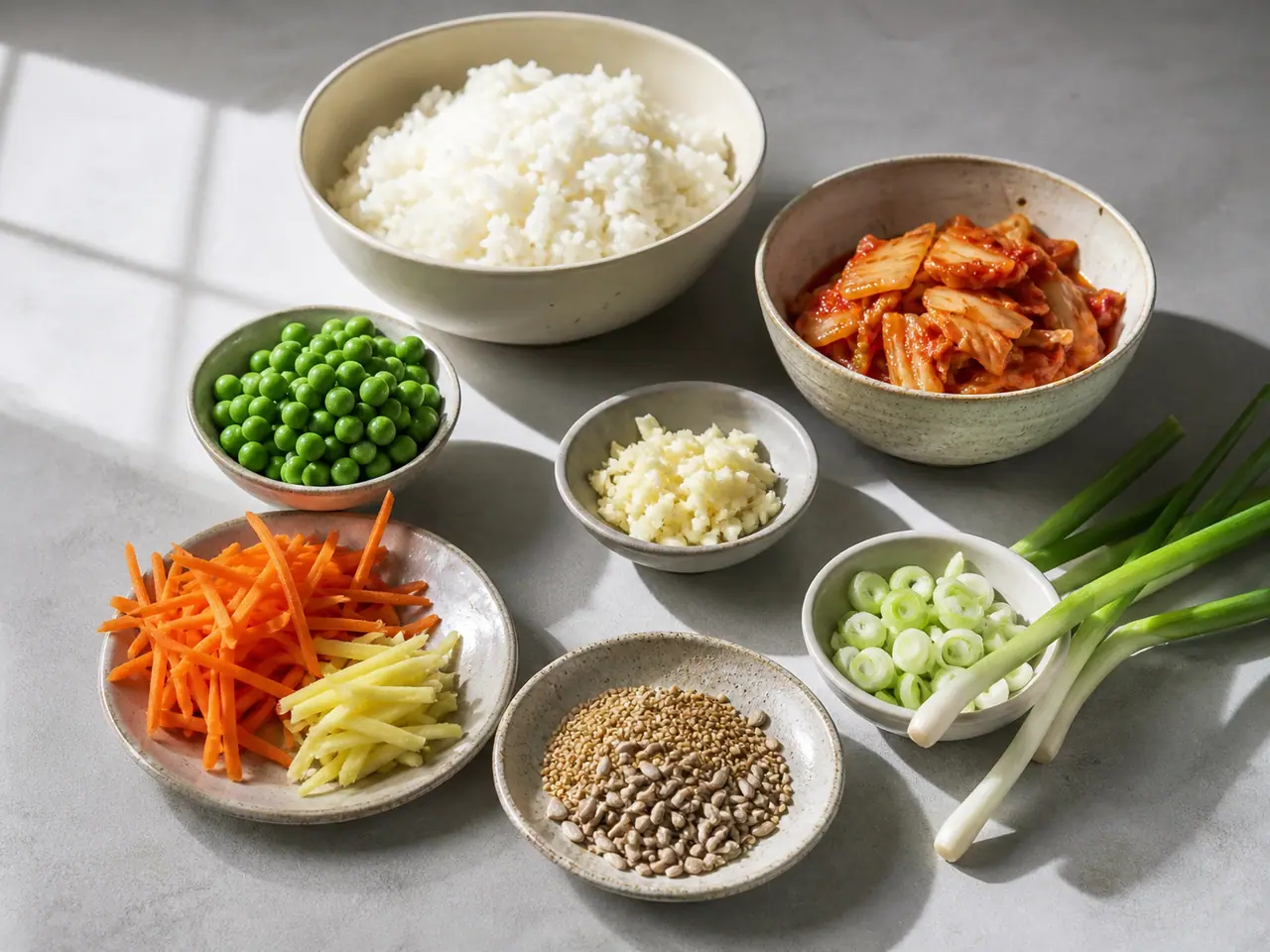 Kimchi rice peas carrots ginger and spring onions ready for cooking