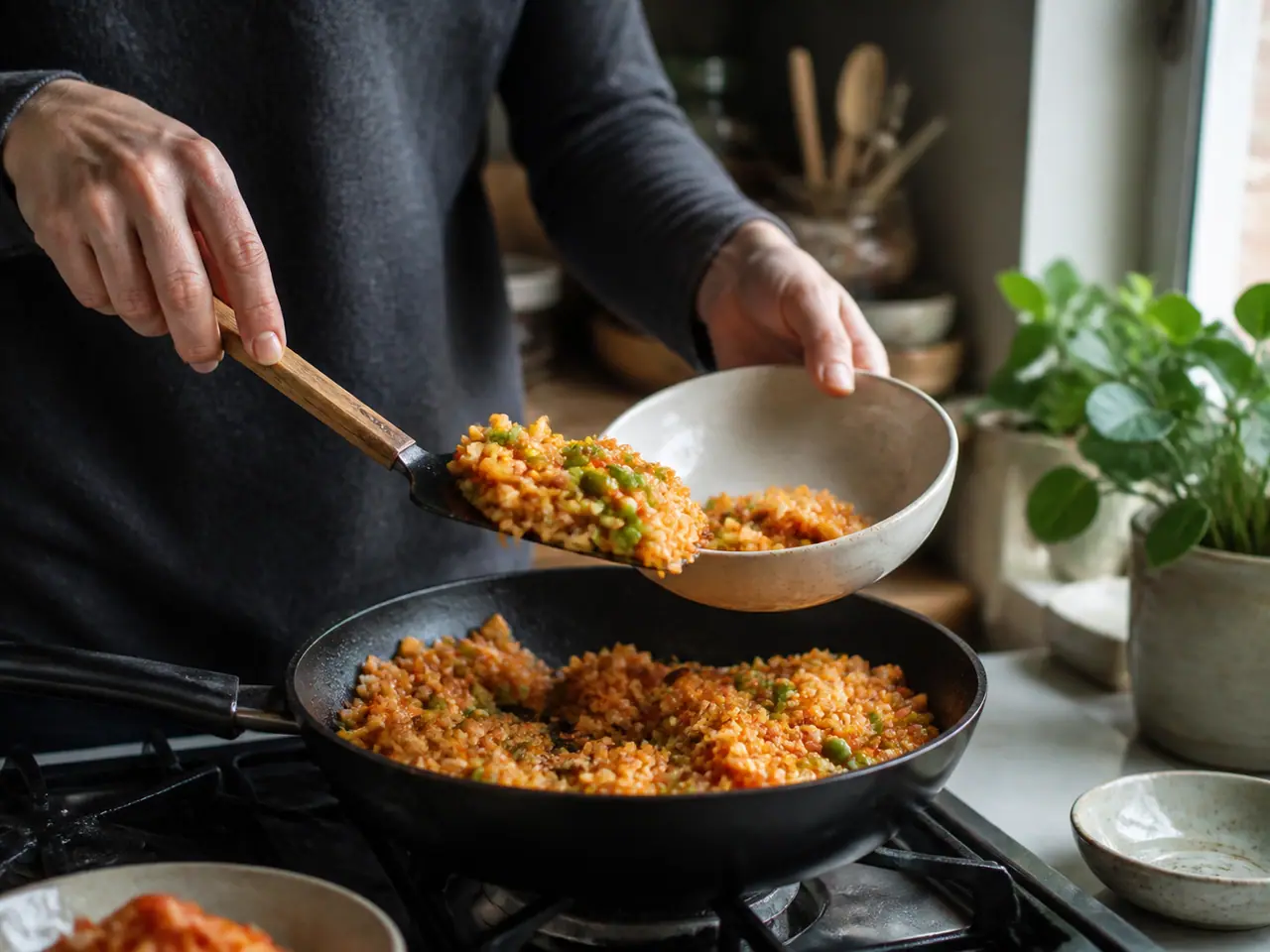 Hands stirring kimchi peas and vegetables in a hot frying pan