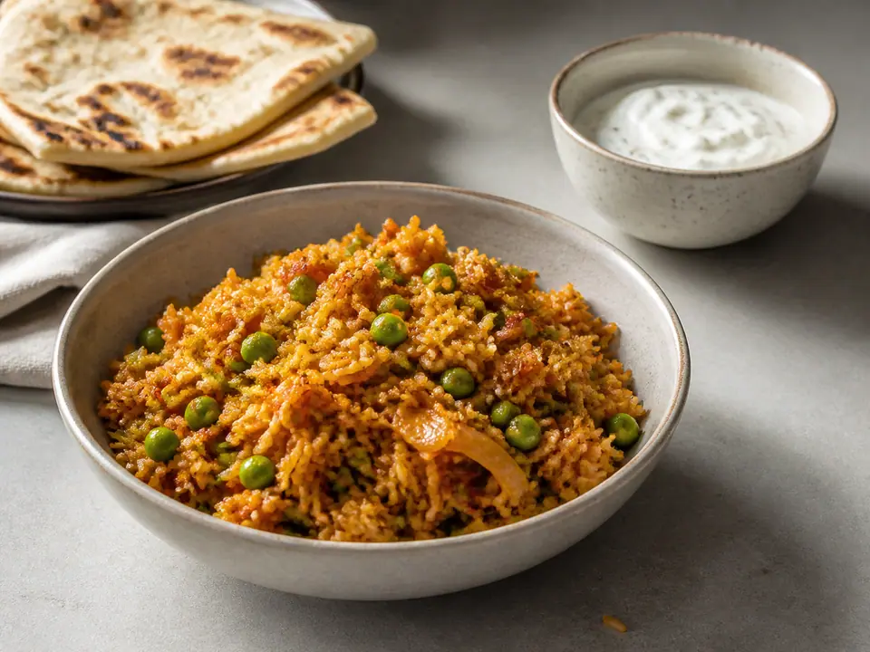 Kimchi fried rice with peas and warm scallion flatbread