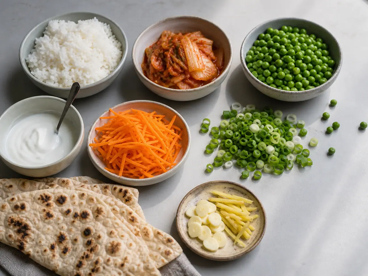 Kimchi rice peas carrots ginger and spring onions ready for cooking
